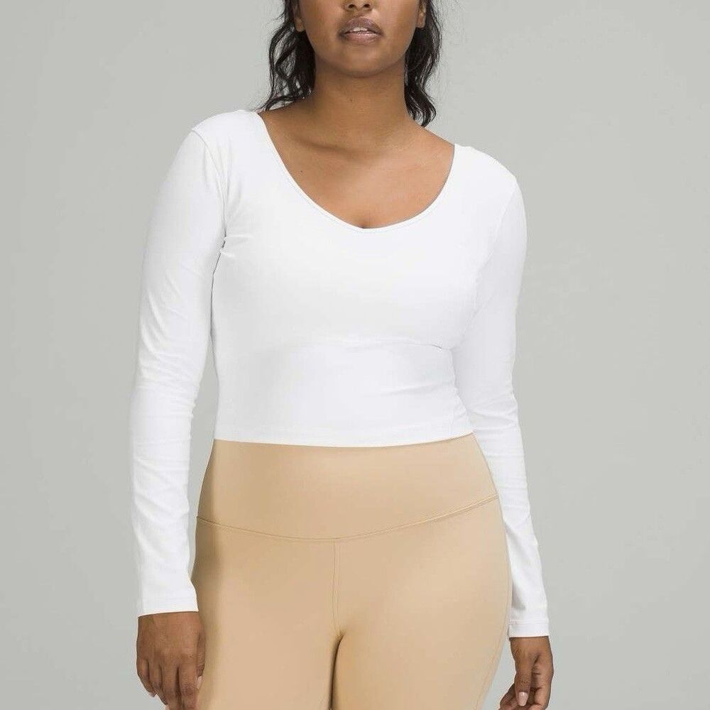 Lululemon Women’s Align Long Sleeve Cropped Shirt White V-Neck Nulu Yoga STAIN 4